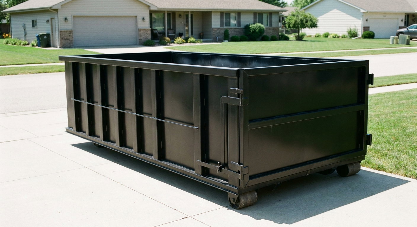Matte-black 10-yard roll-off dumpster on a residential concrete driveway in Crowley, uniformly painted matte black across every panel and rail, ribbed steel sidewalls and rear swing door visible, mid-day daylight.