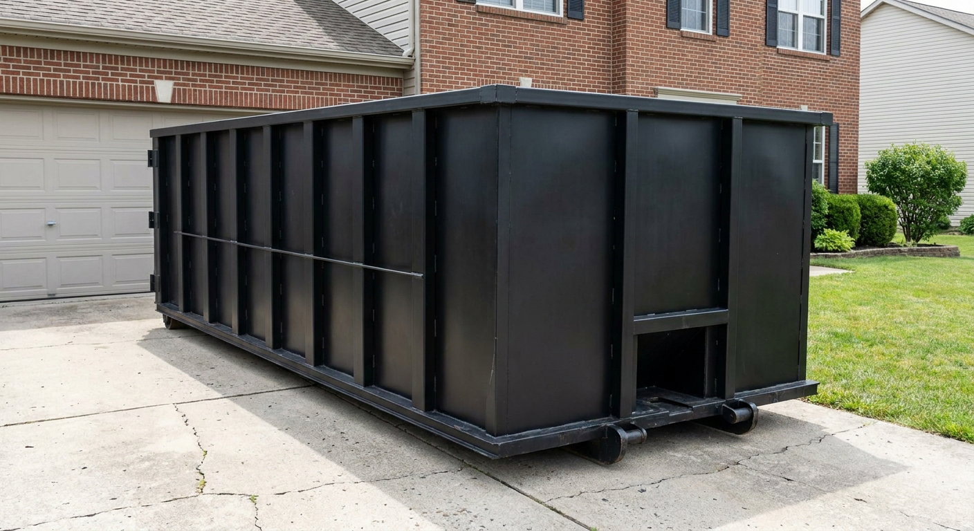 Matte-black 20-yard roll-off container on a Crowley residential concrete driveway with reinforced ribbed steel sidewalls and a hinged rear walk-in door, clean bright daylight.